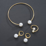 New Pearl Open Earrings Bracelet Ring Jewelry Set