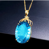 24K Gold Plated Pendant With  Aquamarine Topaz  Gemstone Blue Crystal